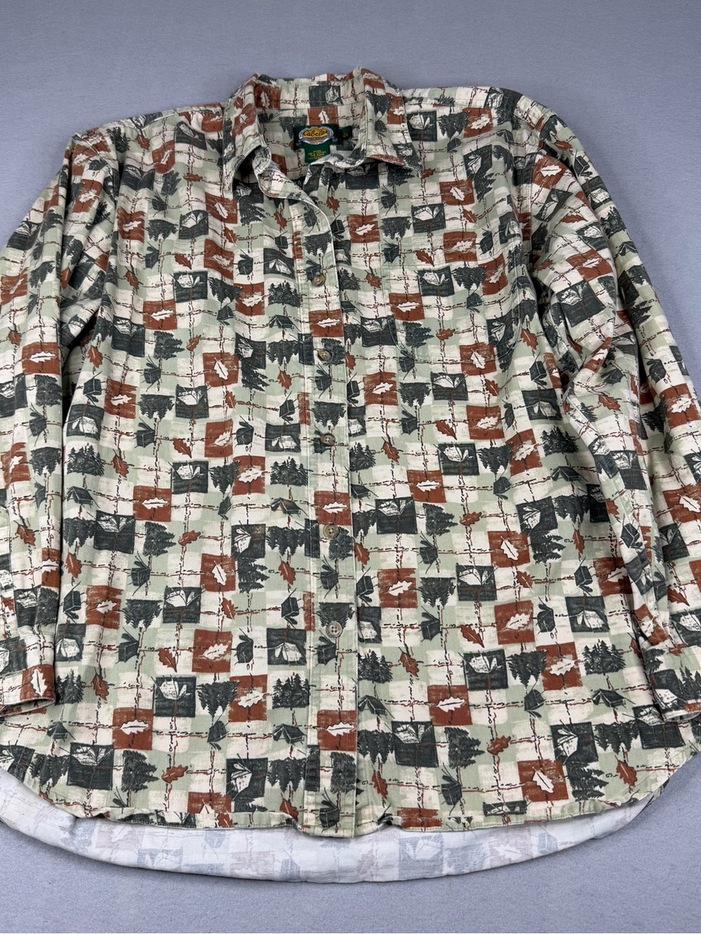 Vintage Cabela's Women L Wilderness Duck Camping Print Button Shirt 100% Cotton